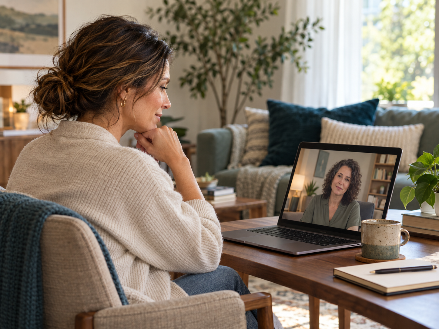 Adult attending an online therapy video session from a quiet room at home