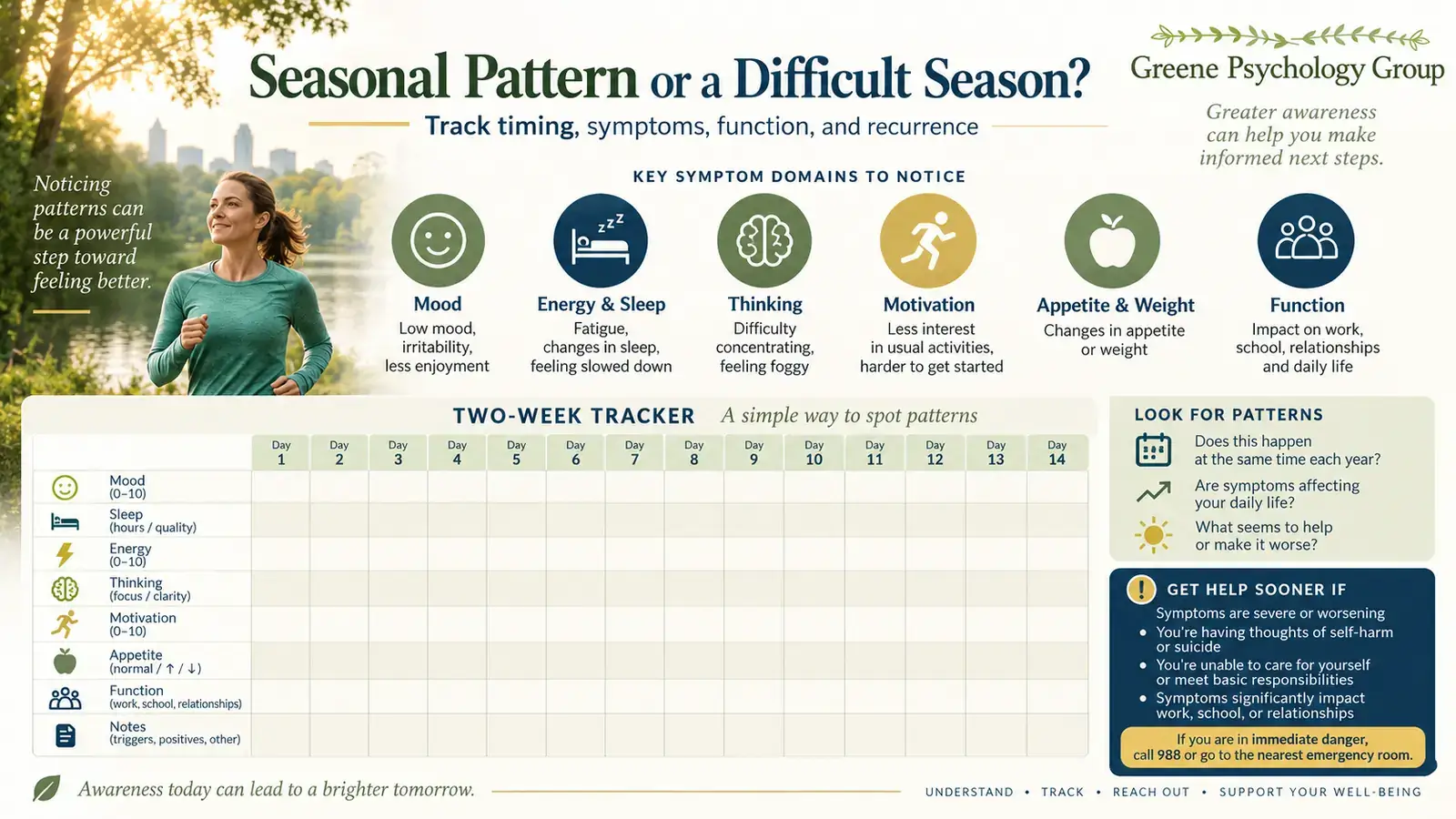Seasonal depression North Carolina infographic with symptom domains and a two-week mood tracker