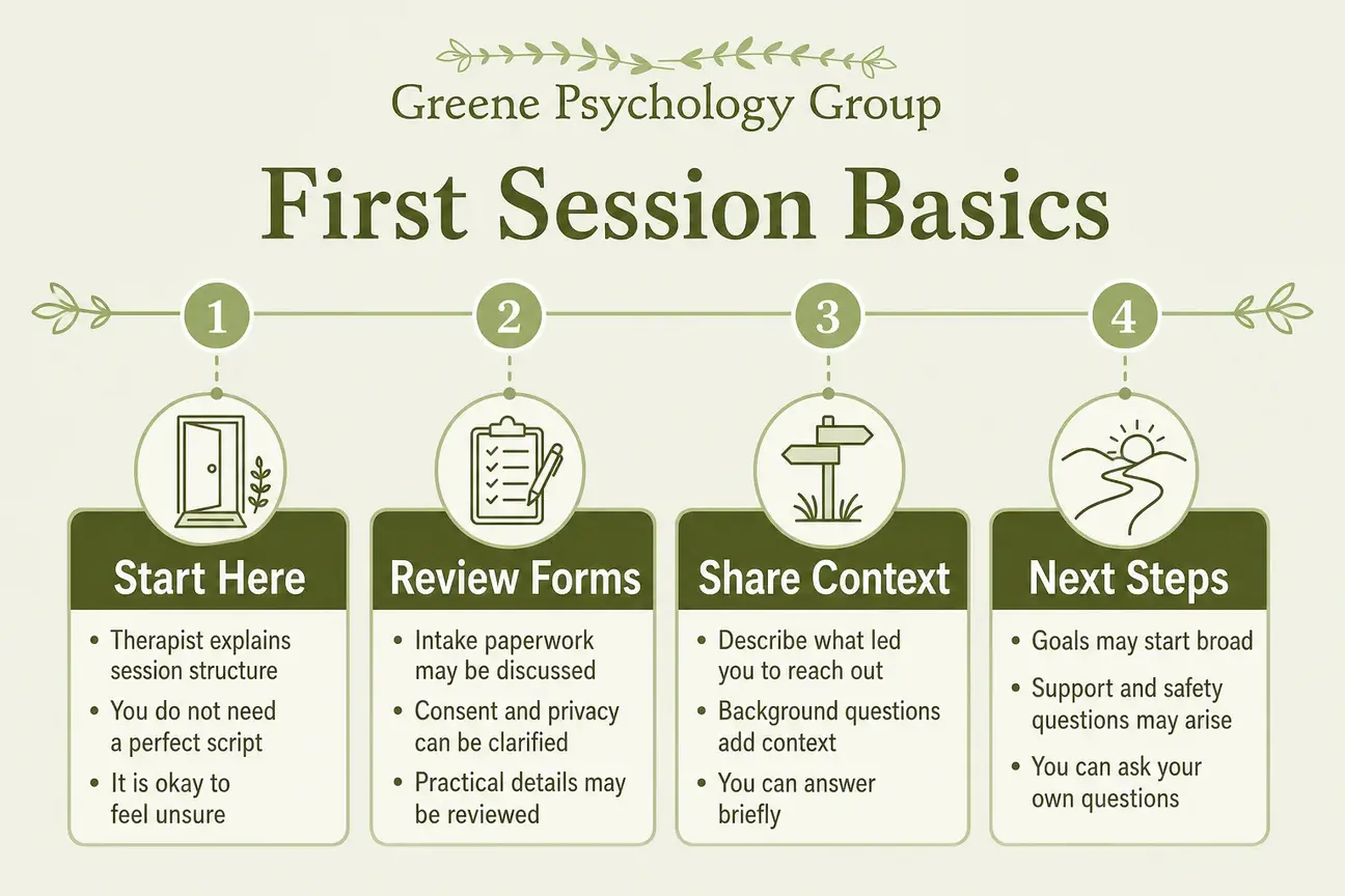 Infographic timeline of common first therapy session basics from welcome to next steps.