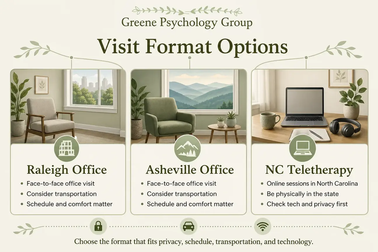 Comparison of Raleigh office, Asheville office, and North Carolina teletherapy options.