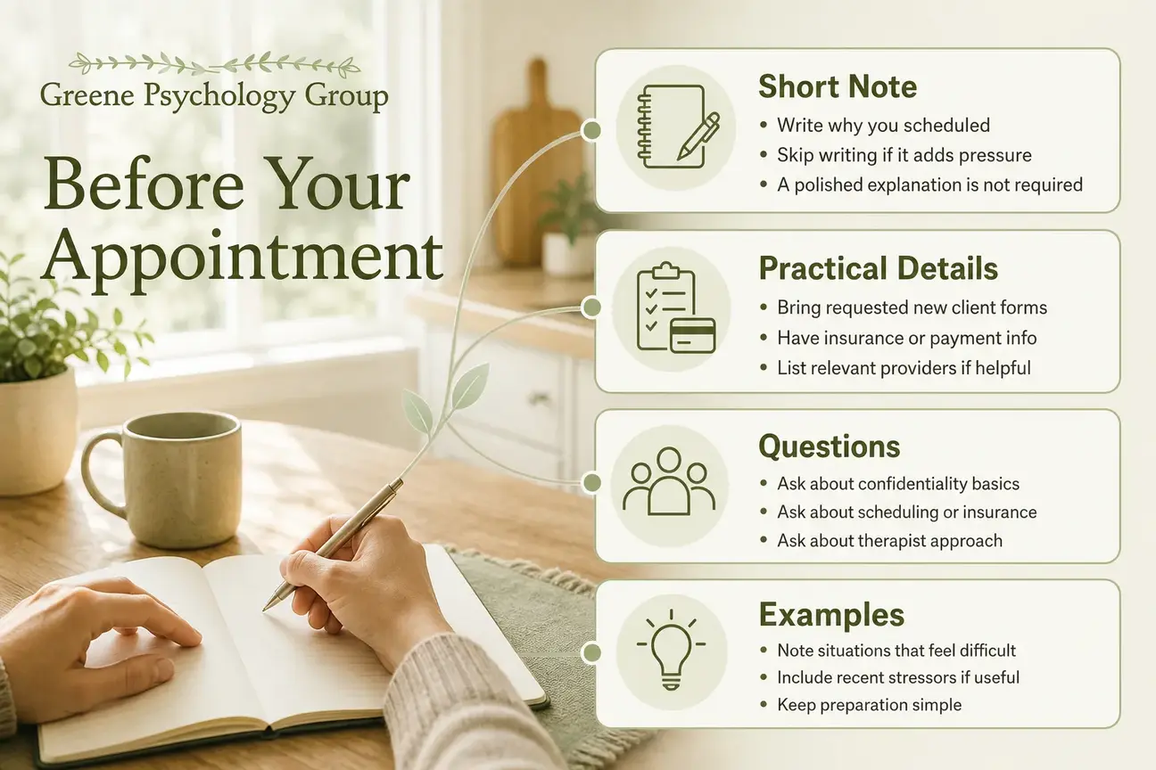 Preparation checklist for what to bring and consider before a first therapy appointment.